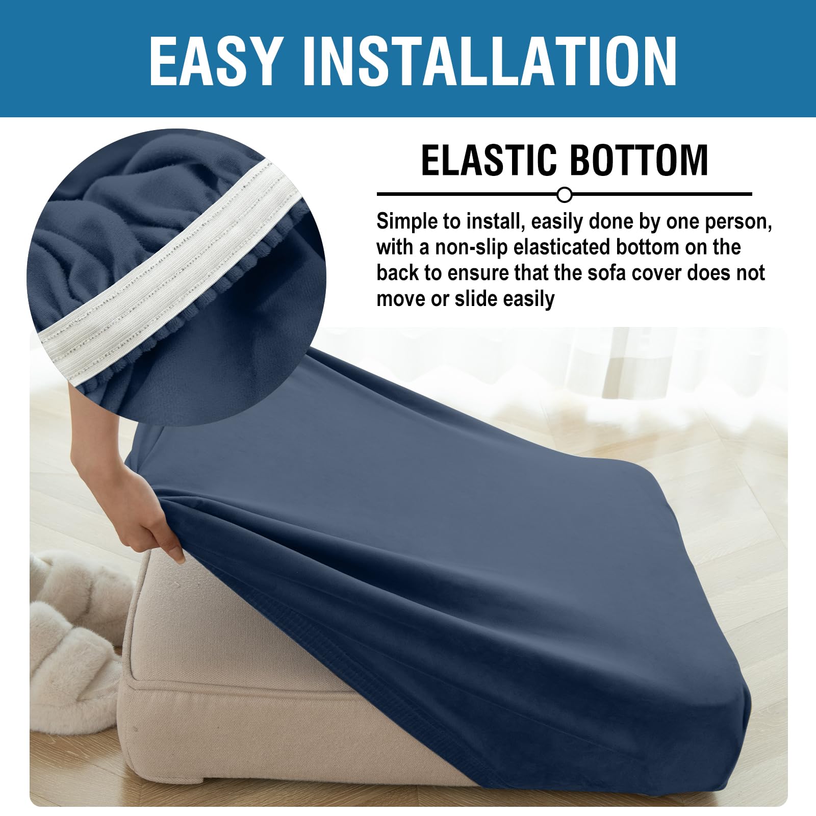 Taque Couch Cover 3-Piece Elastic Velvet Couch Cushion Covers & Chaise Slipcovers for L-Shaped Sofas, Sofa Seat Covers Washable, Soft Cover for Couches (2 Seater + Chaise, Berlin Blue)