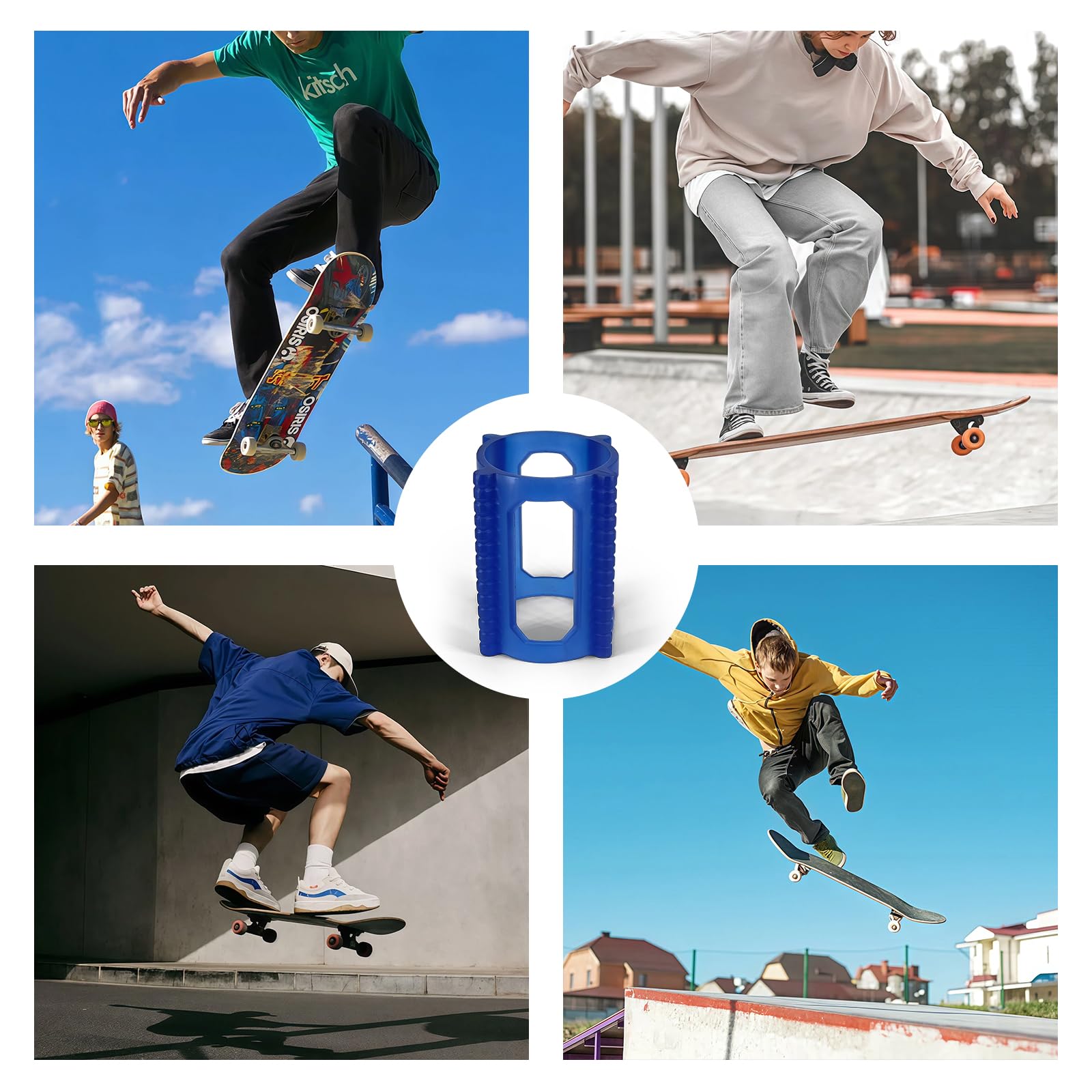 Gummi Skateboard Zubehör Skate Rollen - Fixiert Skater Roller, Skateboard-Trainer-Schutzring für Skateboard Räder, Gummi Trick Longboard Accessoires, Gummiringe Stoppen die Räder Trick, Blau, 4 Stück