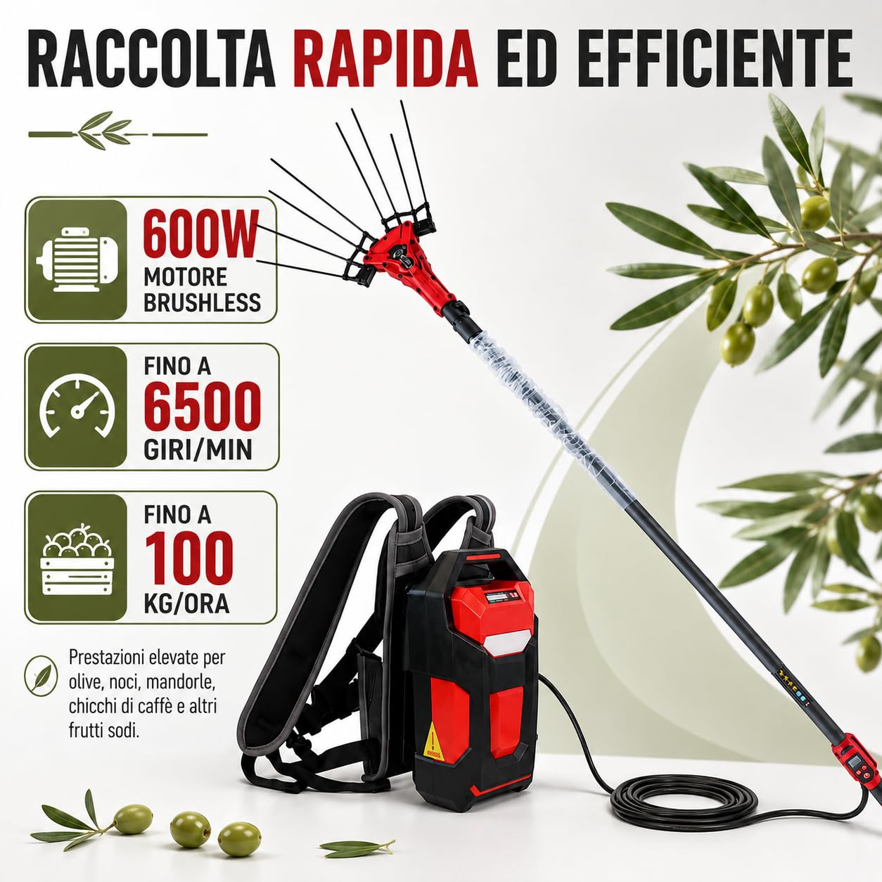 Scuotitore per Olive 600W, 6500 Giri/min, Asta Telescopica 175-270 cm