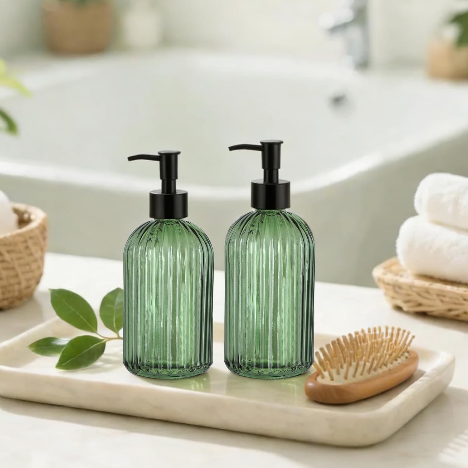 GeeRic 14 Oz Refillable Glass Soap Dispenser, Liquid Hand Soap Dispenser with Black Pump for Kitchen, Bathroom Body Wash Lotiuon Vertical Stripe Green