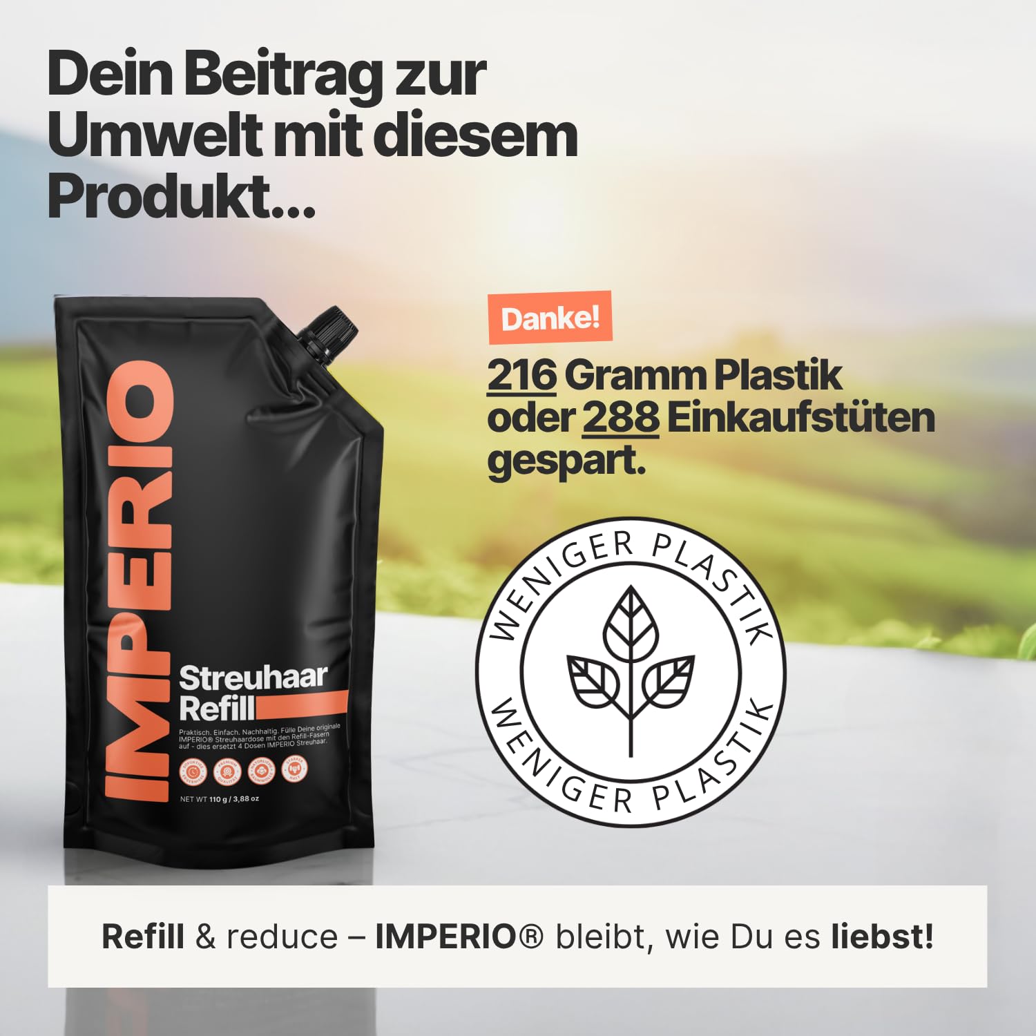 IMPERIO Streuhaar Refill Pack - 110g Nachfüllbeutel mit Premium Schütthaar - Nachhaltiger Nachfüllpack mit praktischem Verschluss - Einfaches Auffüllen der Hair Fibers Dose (Dunkelbraun, 110g)