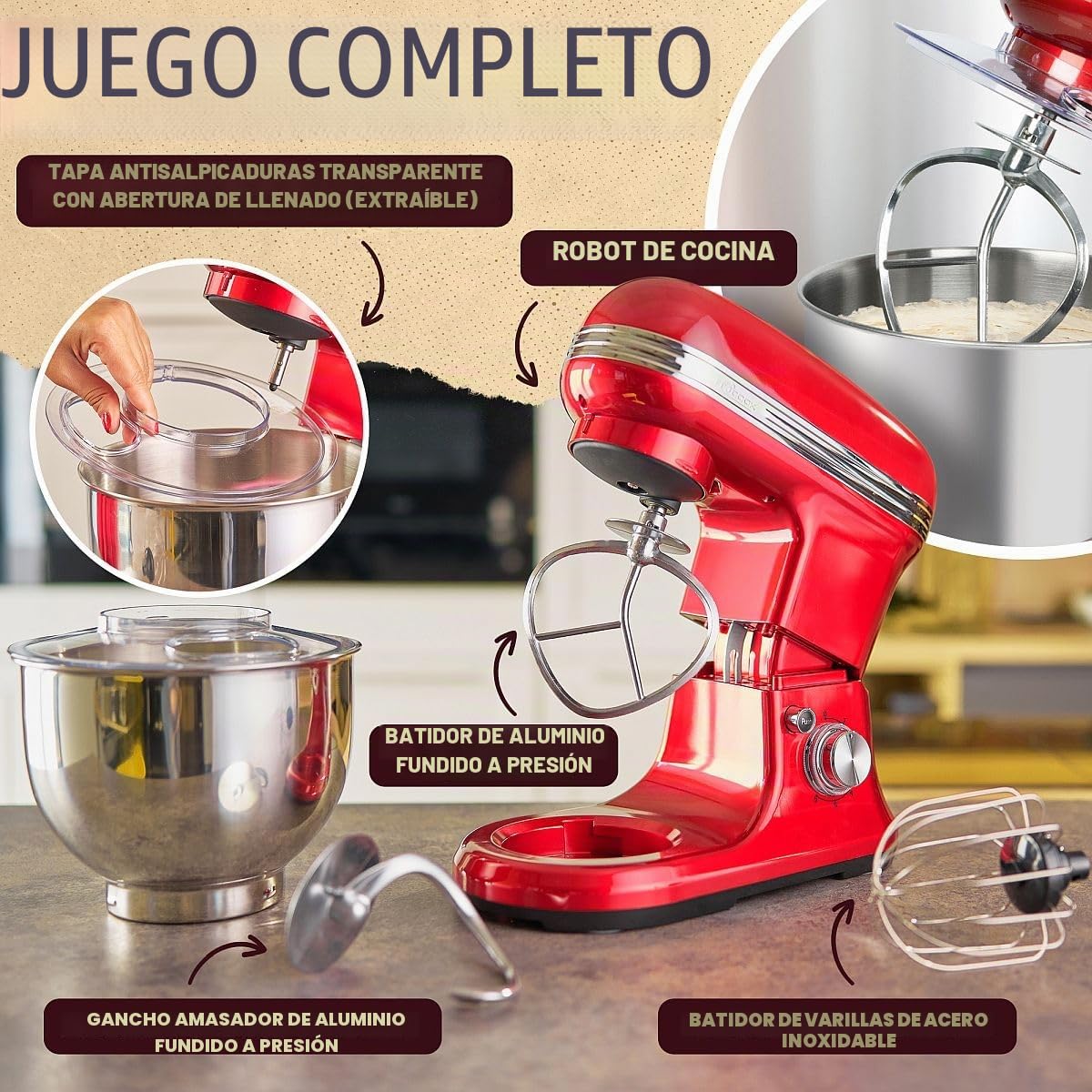 ProfiCook® Robot de cocina para hornear, amasadora de 5 L con potente motor de 1200 W, máquina de masa, incluye gancho y batidor, máquina de amasar retro, protección contra salpicaduras con apertura