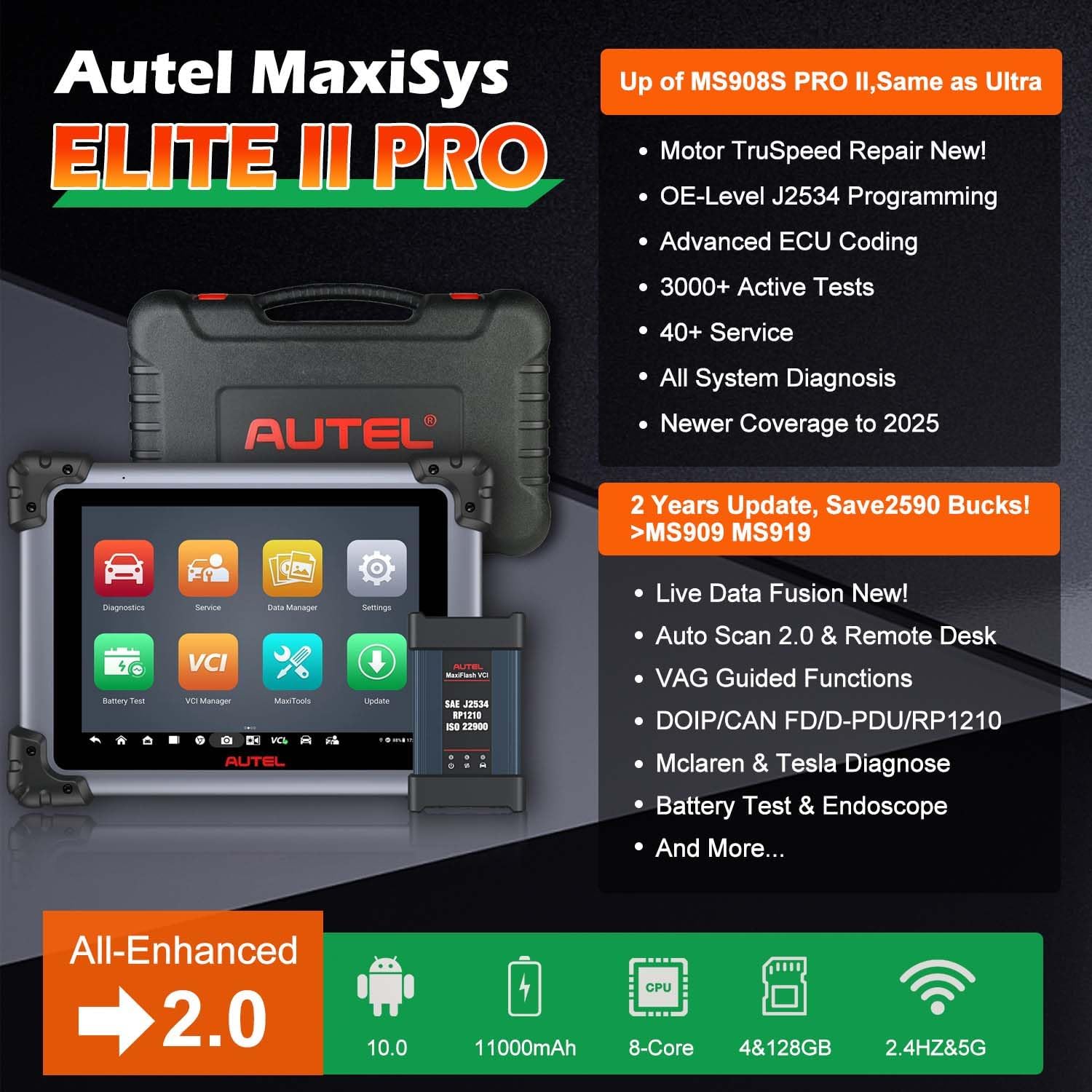 Autel MaxiSys Elite II Pro 2026 Diagnostic Scanner, J2534 ECU Programming Tool (As Ultra/MS908S PRO II), CAN FD & DoIP, Bidirectional Control, 150+ Car Brands, 40+ Services, 2-Year Free Updates