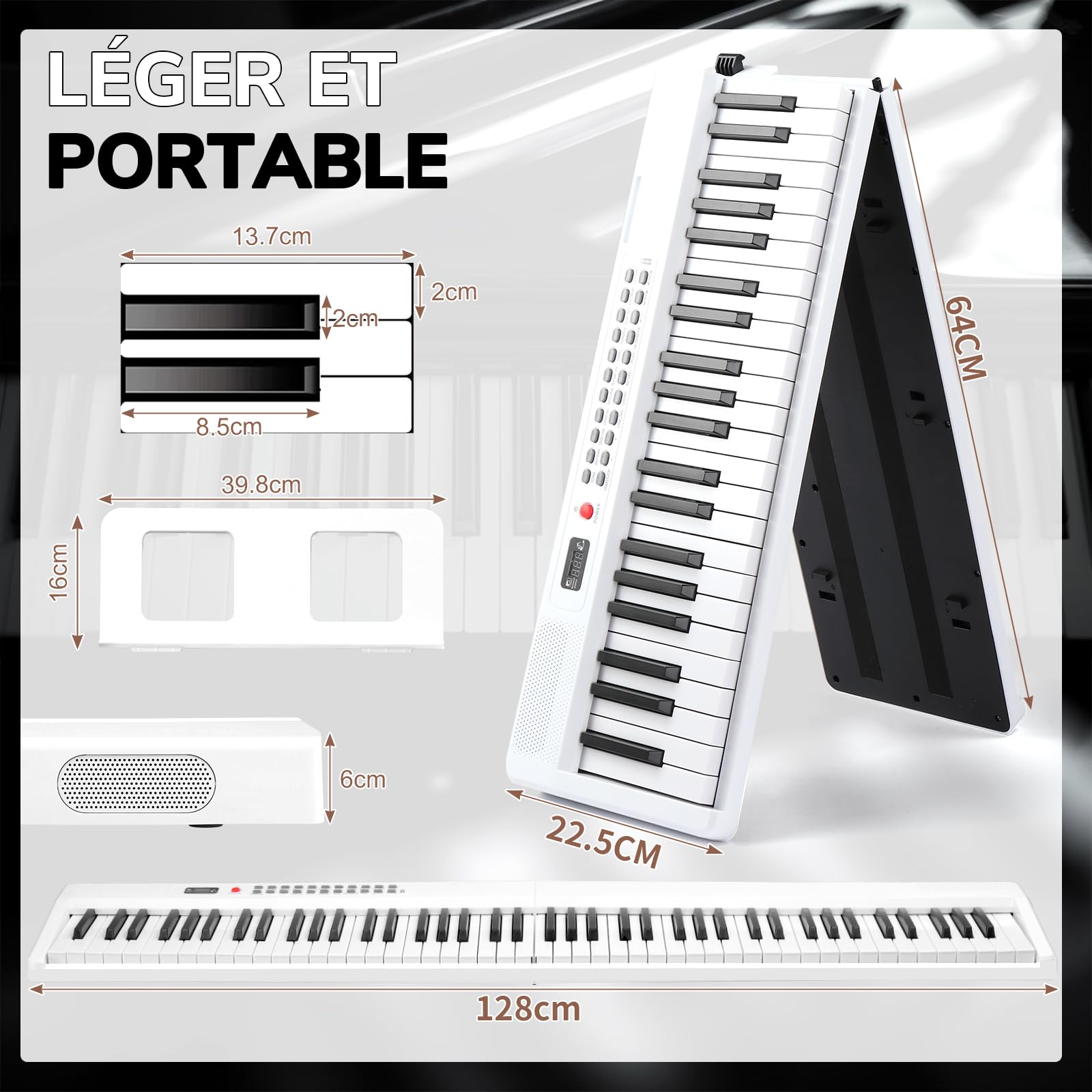 LEADZM Piano Numérique Pliable 88 Touches, Ensemble Piano Électrique Semi-Lesté, 2 Modes Bluetooth, 1000 Rythmes, 1000 Sonorités et 50 Démos pour Débutants (Blanc)