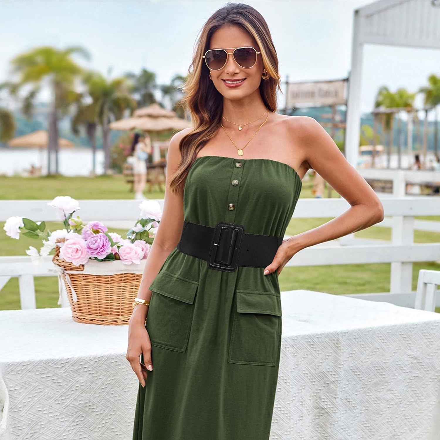 LJCZKA Women Wide Stretchy Belt Adjustable Vintage Elastic Waist Belt for Dresses with Square Buckle - Image 6