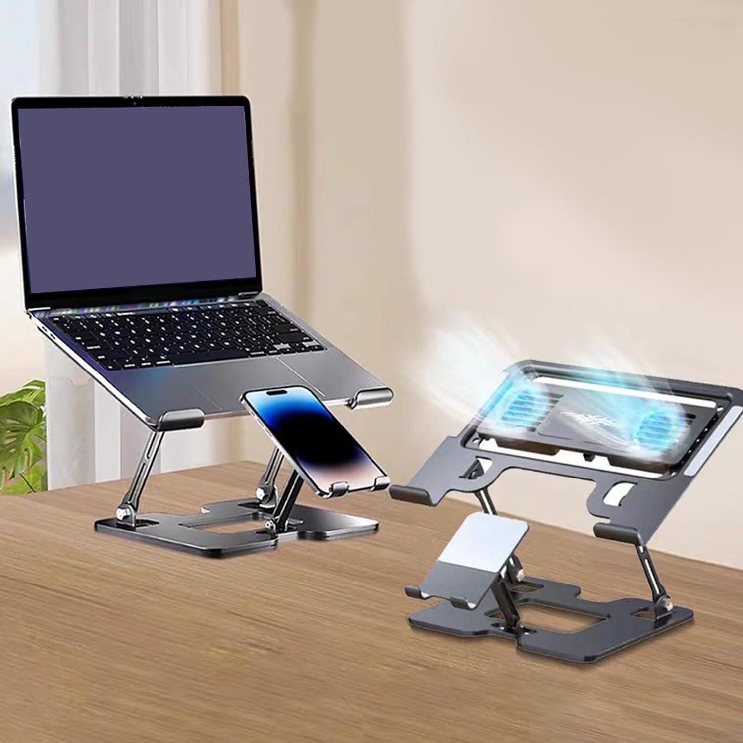 QINGFAN 2 in 1 Metal Adjustable Phone & Laptop Stand Foldable Bracket for Laptop Desktop Holder Heat Dissipation