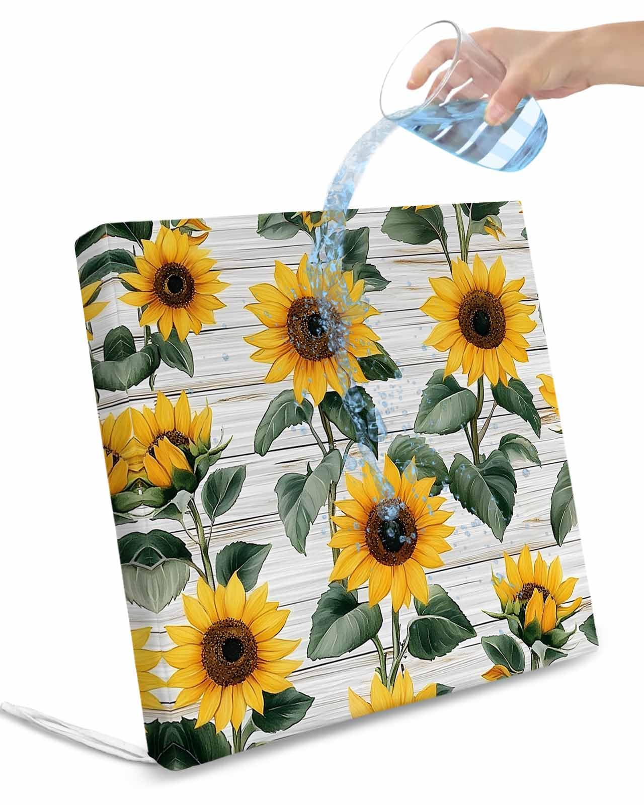 2 Pack Country Sunflowers Waterproof Cushion Covers with Ties, Outdoor Patio Chaise Lounge Chair Seat Cushion Slip Covers Replacement(Only Cover) Retro Pastoral Floral Wooden Plank 22