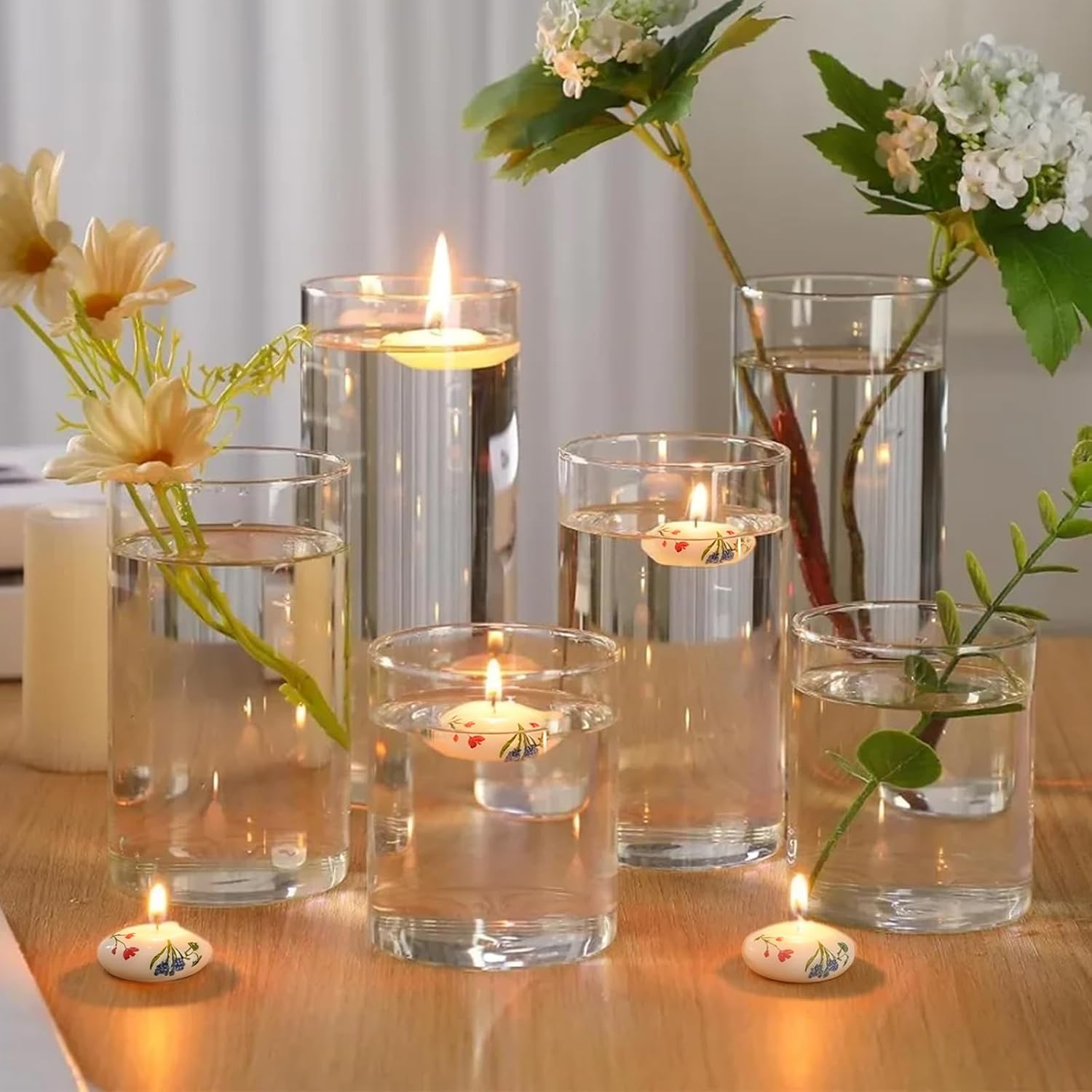 Unscented Floral Floating Candles, 1.3 Inch, 12Pcs | Trefoil Printed, 1-3H Long Burning, Smokeless, For Wedding & Table Centerpiece, Holiday Decor & Romantic Night