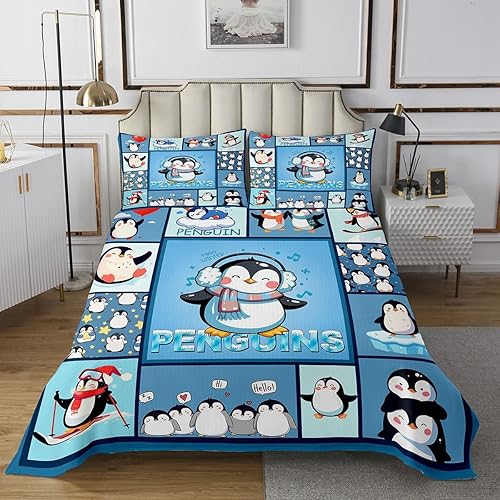 Miniatura 2 de Colcha de pingüinos de dibujos animados para niños, tamaño King, bonito juego de colcha de esquí de animales árticos, decoración de habitación de