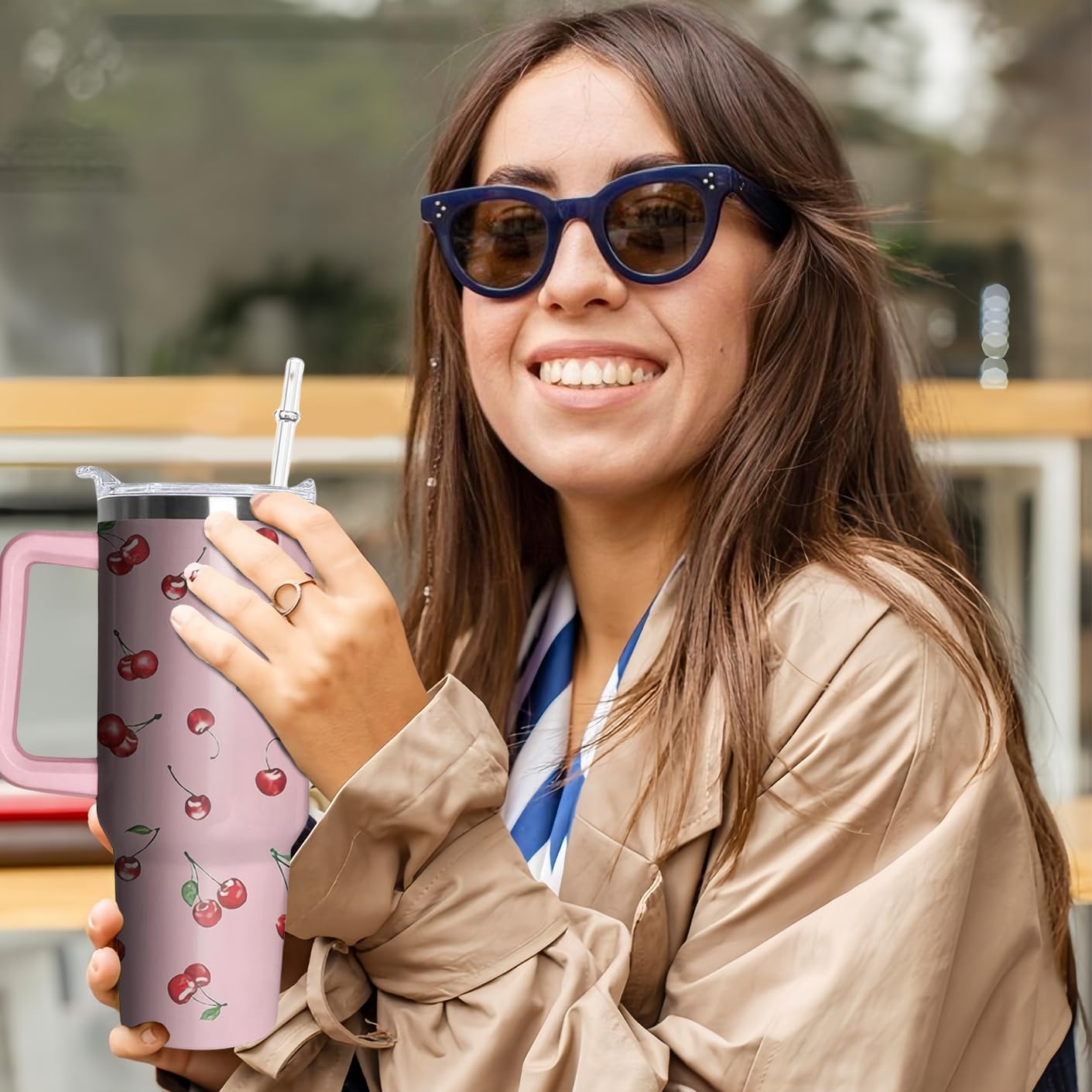 40oz Cherry Tumbler with Handle and Straw, Stainless Steel Insulated Cup with Lid and Straw, Travel Coffee Mug Water Bottle, Birthday Mothers Day Gifts for Women Men Cherry Lovers - Image 7