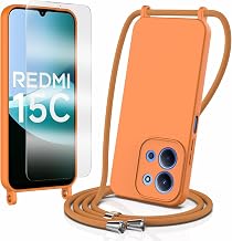 Case for Xiaomi Redmi 15C 5G/4G, 1 Tempered Glass Screen Protector with Cord, Soft Liquid Silicone Case with Neck Strap, Adjustable, Removable, Shockproof Bumper Cover, Orange
