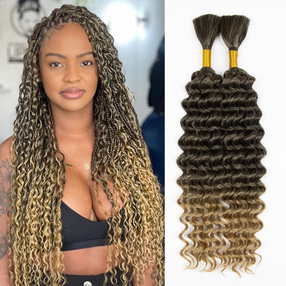 Deep Wave Bulk hair for Braiding Wet and Wavy Micro Braiding Hair No Weft Faux Deep Wave Braiding Hair Extensions for Box Boho Braids 150g with 2Bundles #1B/27 (20Inch)