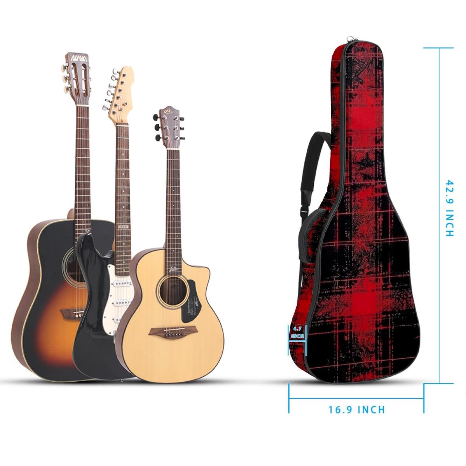 Tasche für Akustikgitarre, Retro-Stil, mit 2 Taschen, verstellbarem Schultergurt und Rückenaufhänger, geeignet für E-Gitarren, Bassgitarren und klassische Gitarren, Schwarz / Rot, Retro Schwarz Rot