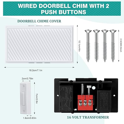 Miniatura 4 de Saillong Timbre con cable con 2 botones pulsadores iluminados, 16 V 10 VA, dos sonidos frontal y trasera, kit de timbre de puerta para pared