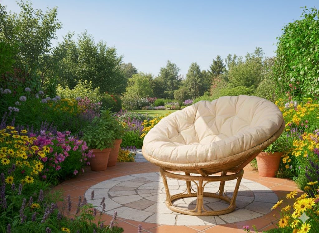 POLTRONA IN RATTAN VIMINI NATURALE PAPASAN Ø 115 CANNA CON TORCIGLIONE COMPLETA DI CUSCINO PANNA POLTRONA ROTONDA NON RATTAN SINTETICO
