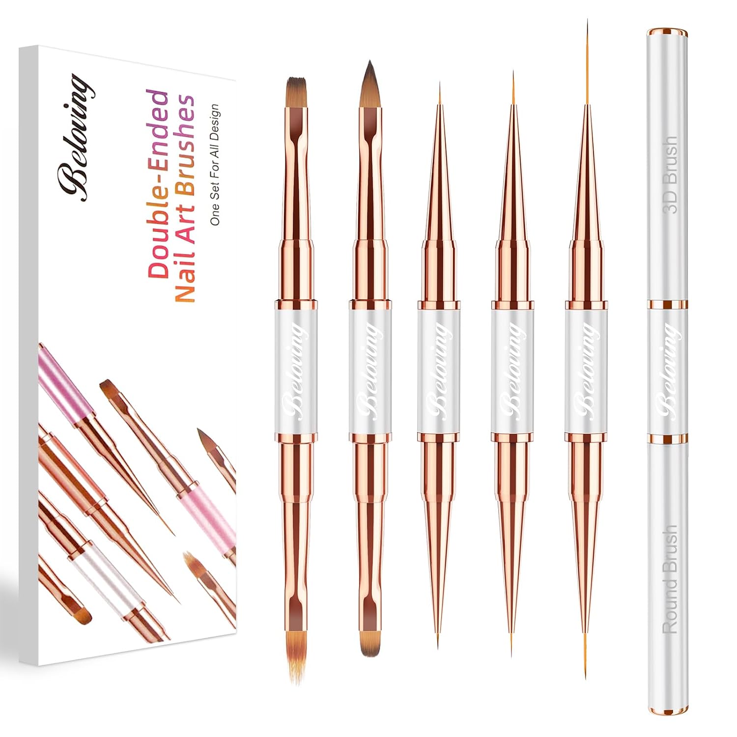 Set of 5 Brushes for Gel Nails, Double-Sided Nail Brush Set