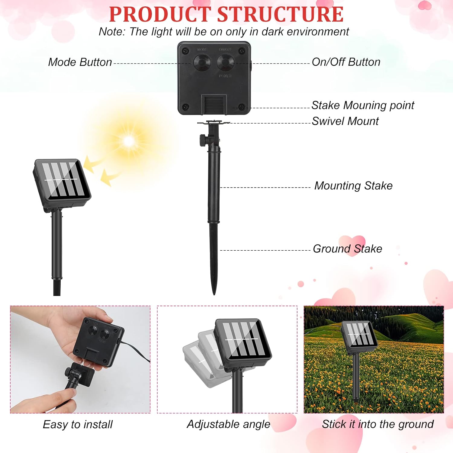 Moukeren Valentines Garden Flag 12 x 18 Inch 22 LED Solar Powered Double Sided Vertical Red Love Heart Garden Flag with 8 Lighting Modes for Happy Valentine's Day Outdoor Yard Home Light Decoration - Image 3