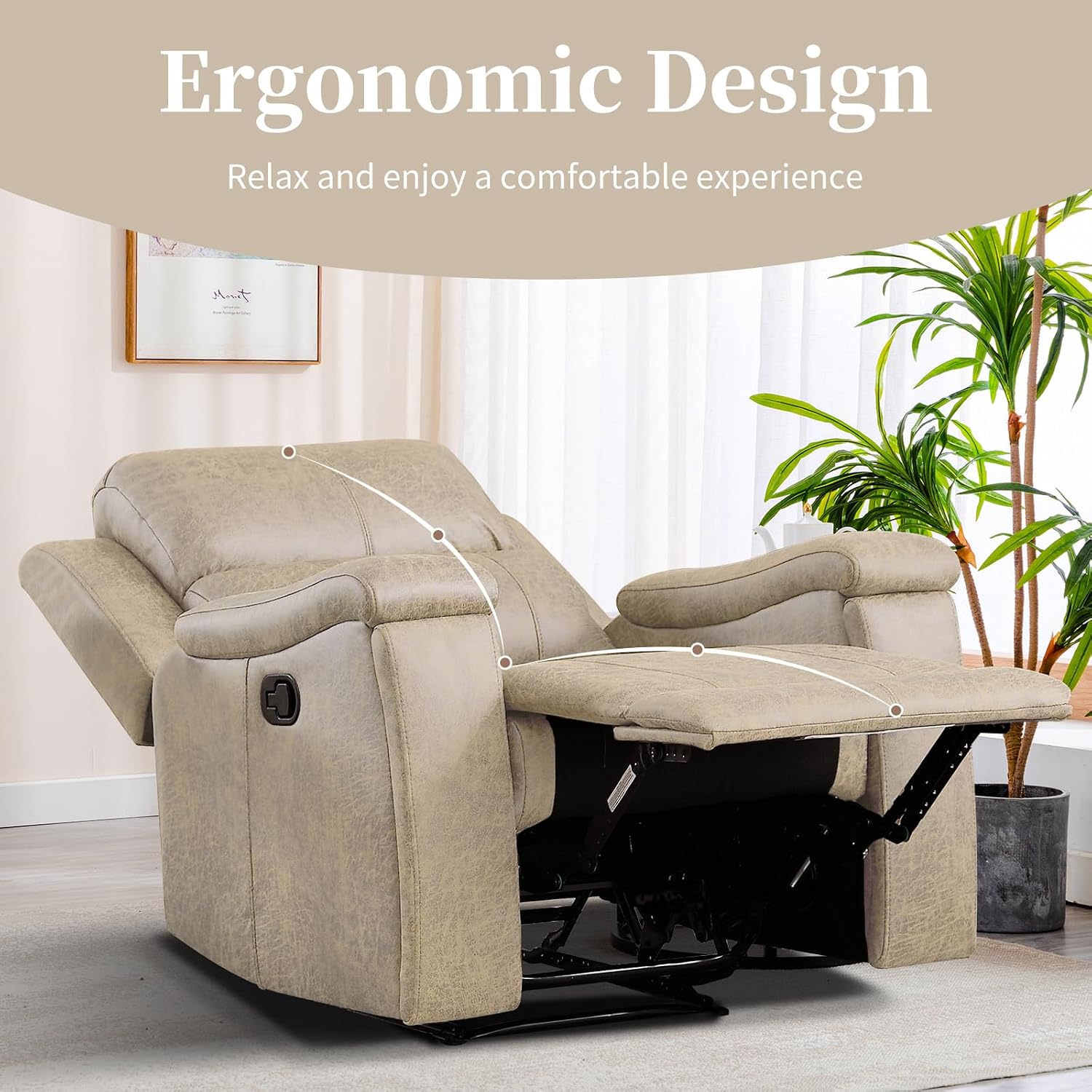 EBELLO Recliner Chair, Single Overstuffed Sofa Recliner, Breathable Faux Leather Manual Reclining Chairs with Hidden Cup Holder, Arm and Back for Adults, Living Room, Bedroom, Beige