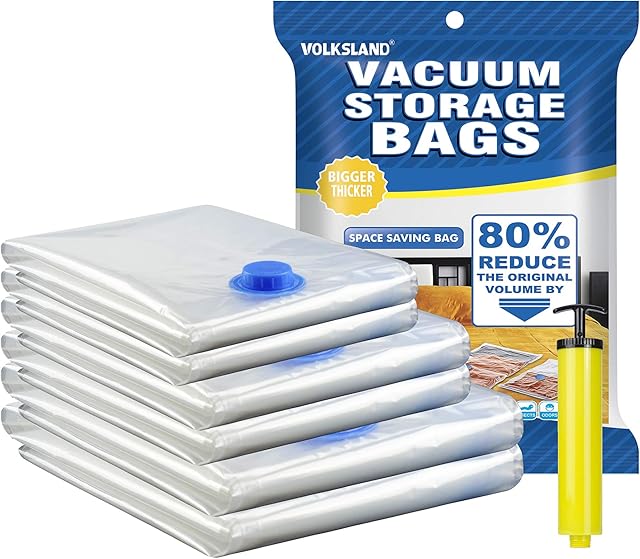 VOLKSLAND Vacuum Bags for Storage, Vacuum Storage bags with Hand Pump, 6 pack Space Saver Bags (2 Jumbo, 2L, 2 M) for Home and Travel, Reusable Compressed Air Storage Bags for Clothes