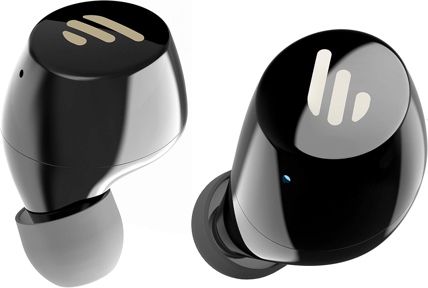 Close-up of Edifier TWS1 earbuds, showing their ergonomic design and ear tips.