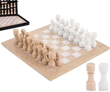 Marble Chess Set 12 Inches Verona & White Handmade Chess Sets for Adults - Marble Board Game for Family with Storage Box & 2 Extra Queen, Ideal Travel Chess Set & Home Décor