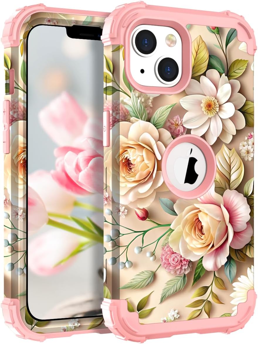 TEECOVER for iPhone 13/14 Case, Heavy-Duty Shockproof Full Protection Hard Plastic Bumper + Soft Silicone Rubber Protective Case for iPhone 13/14-6.1-Inch, Rose Gold Flowers