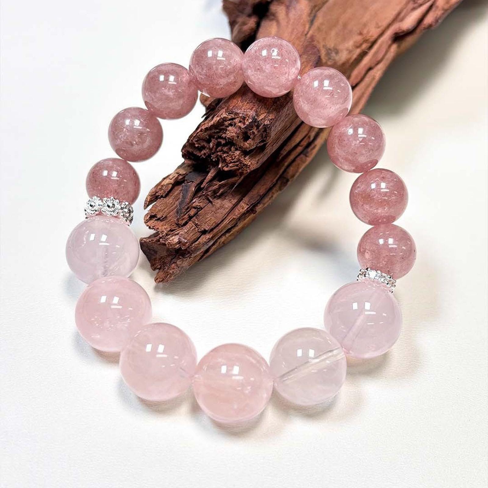 Bracelet en Quartz Rose à Quartz Fraise, Bracelets naturels Faits à la Main, Bracelet Extensible en Pierres précieuses Roses Naturelles pour l'amour, l'énergie Positive, méditation,12MM