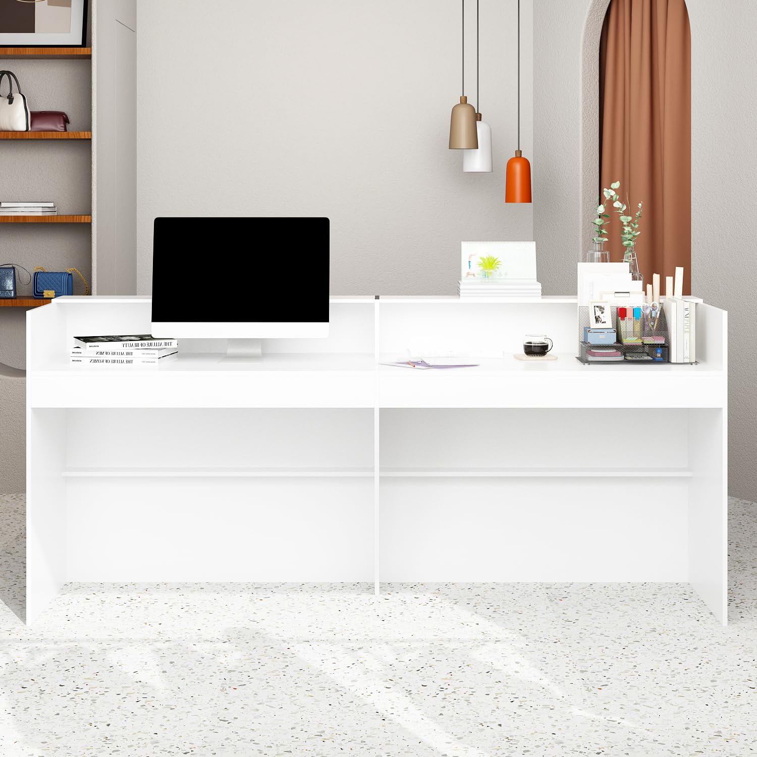 Banco di Ricevimento Con Grande Superficie di Lavoro, Bancone Della Reception, Tavolo da Ufficio Con Protezione per la Privacy, Bianco, 220 x 60 x 100 cm