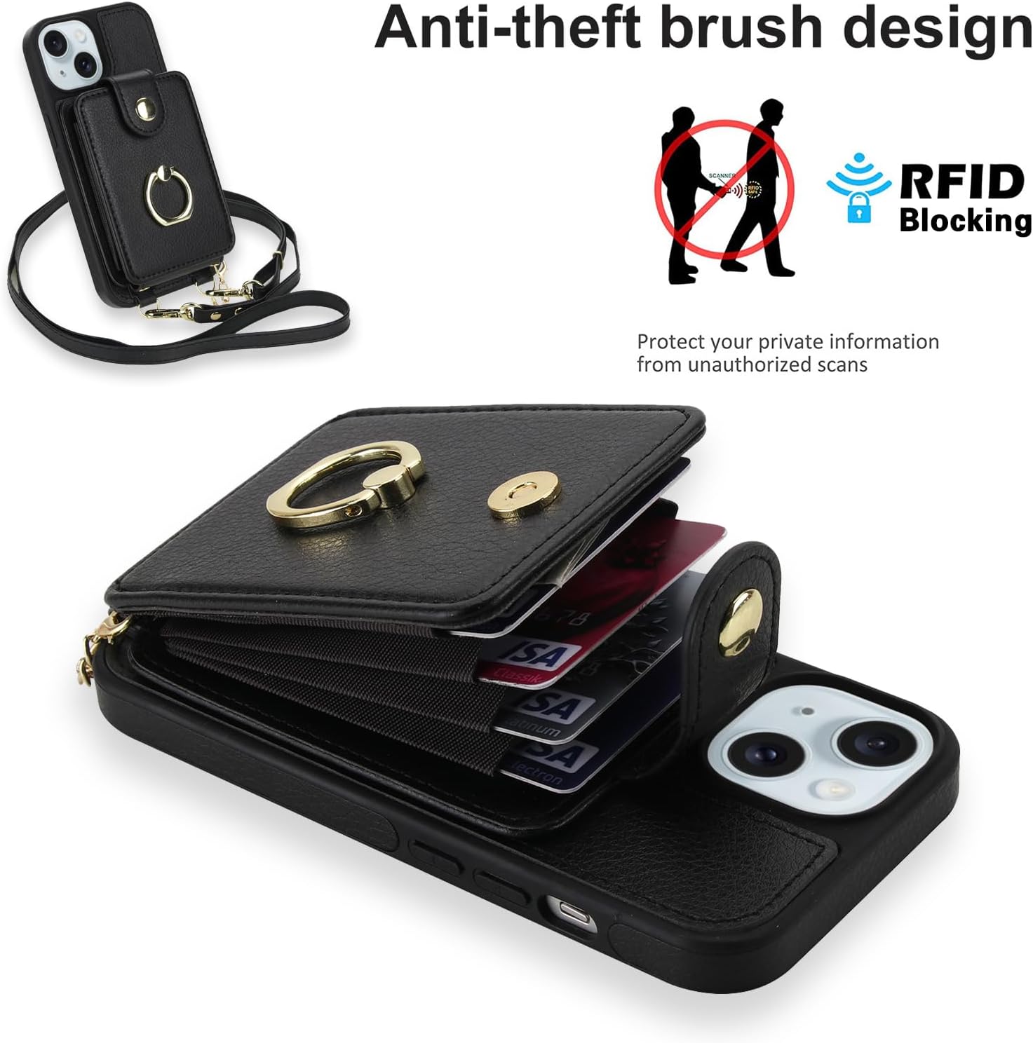Phone Case for iPhone 13/14 6.1 inch Wallet Cover Detachable Screen Protector Ring Kickstand Crossbody Lanyard Strap Compatible with MagSafe RFID Blocking iPhone13 iPhone14 for Women Men Black