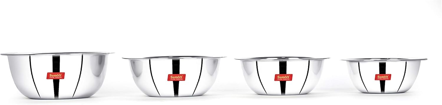 Sumeet Stainless Steel Mirror Finish Store and Serve Mixing Bowl 4Pc Set (850Ml, 1.2Ltr, 1.5Ltr, 2Ltr)