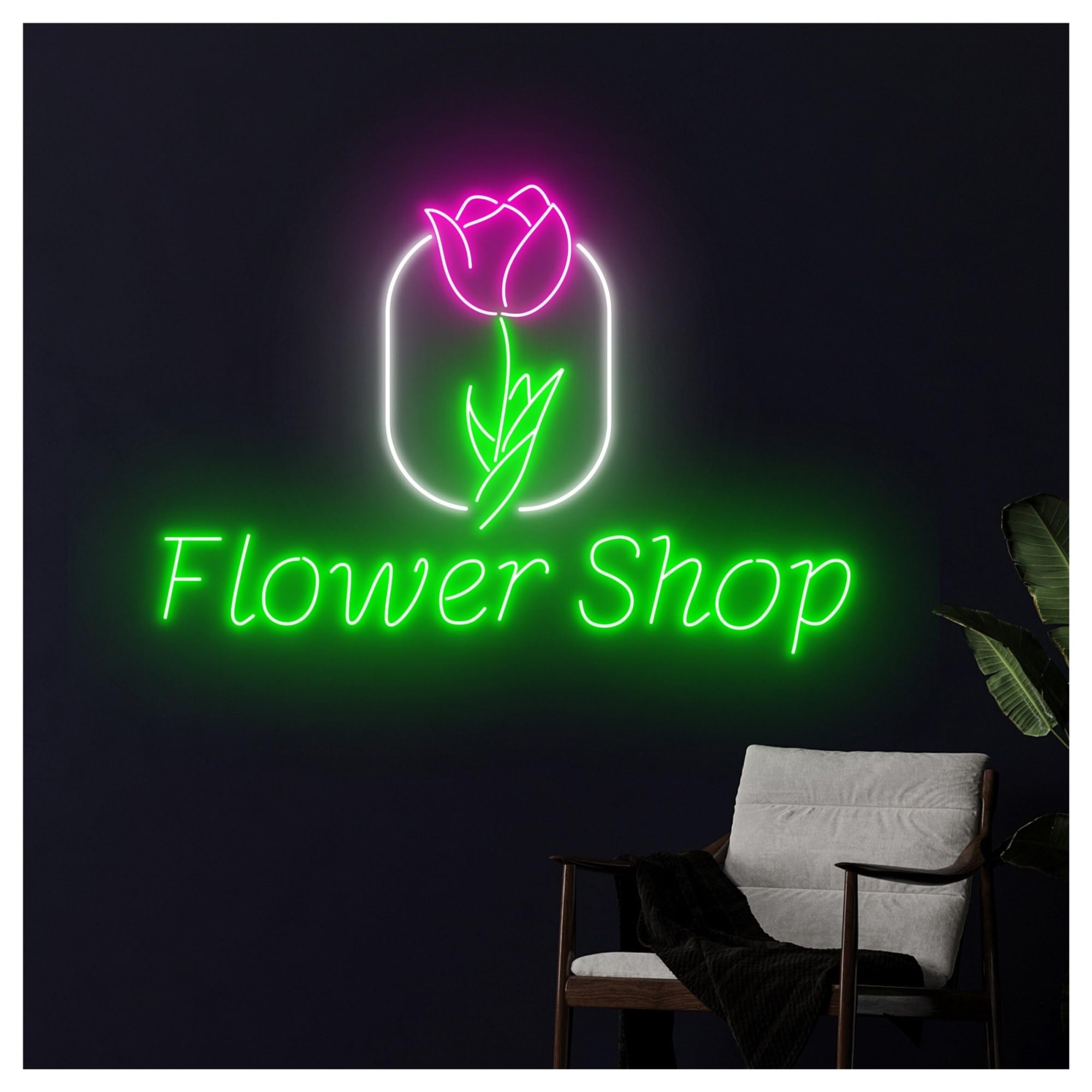 Wiszące neony artystyczne Neonowa Dekoracja Ścienna Do Sklepu "Flower Shop"z Kwiatowym Napisem LED, Witryna Sklepowa, Wejście Firmy, 58cm
