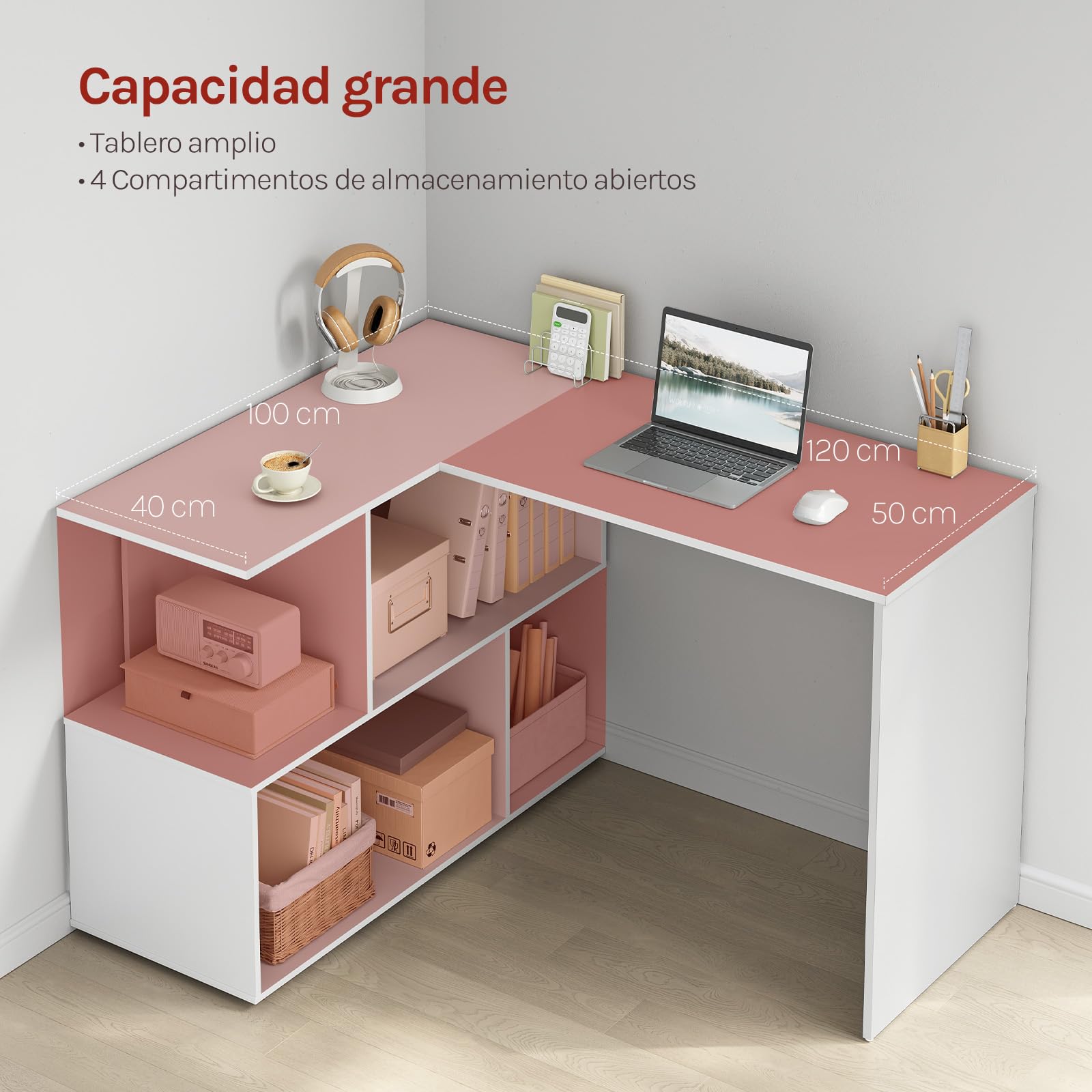 WOLTU Escritorio en Forma L, Mesa Esquinera Escritorio, Blanco | Con Estantes Abiertos, 120x100x75 cm, para Estudio, Oficina en Casa, Gaming y Trabajo