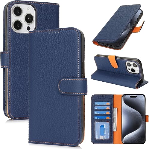 Vista 193 de Zouzt Funda para iPhone 11 de 6.1 pulgadas de piel auténtica con 4 ranuras para tarjetas, tarjetero con bloqueo RFID, tapa magnética, función atril