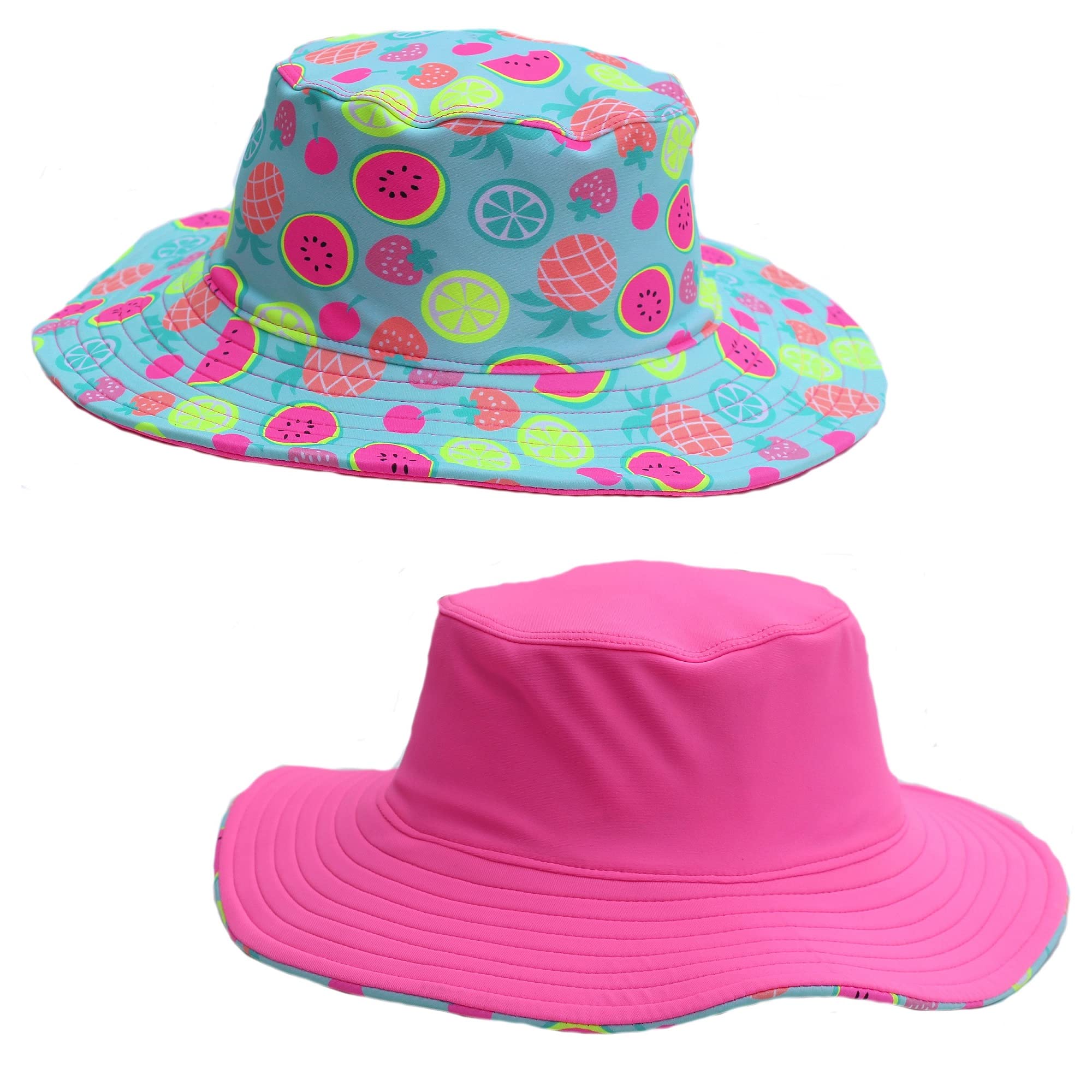 Kidz Swimmers UPF50+ Reversible Sun Hat for Kids – Baby & Toddler Bucket Hat in Tropical Fruits Pink for Use in & Out of Water UV Protection M (3-4 Years)
