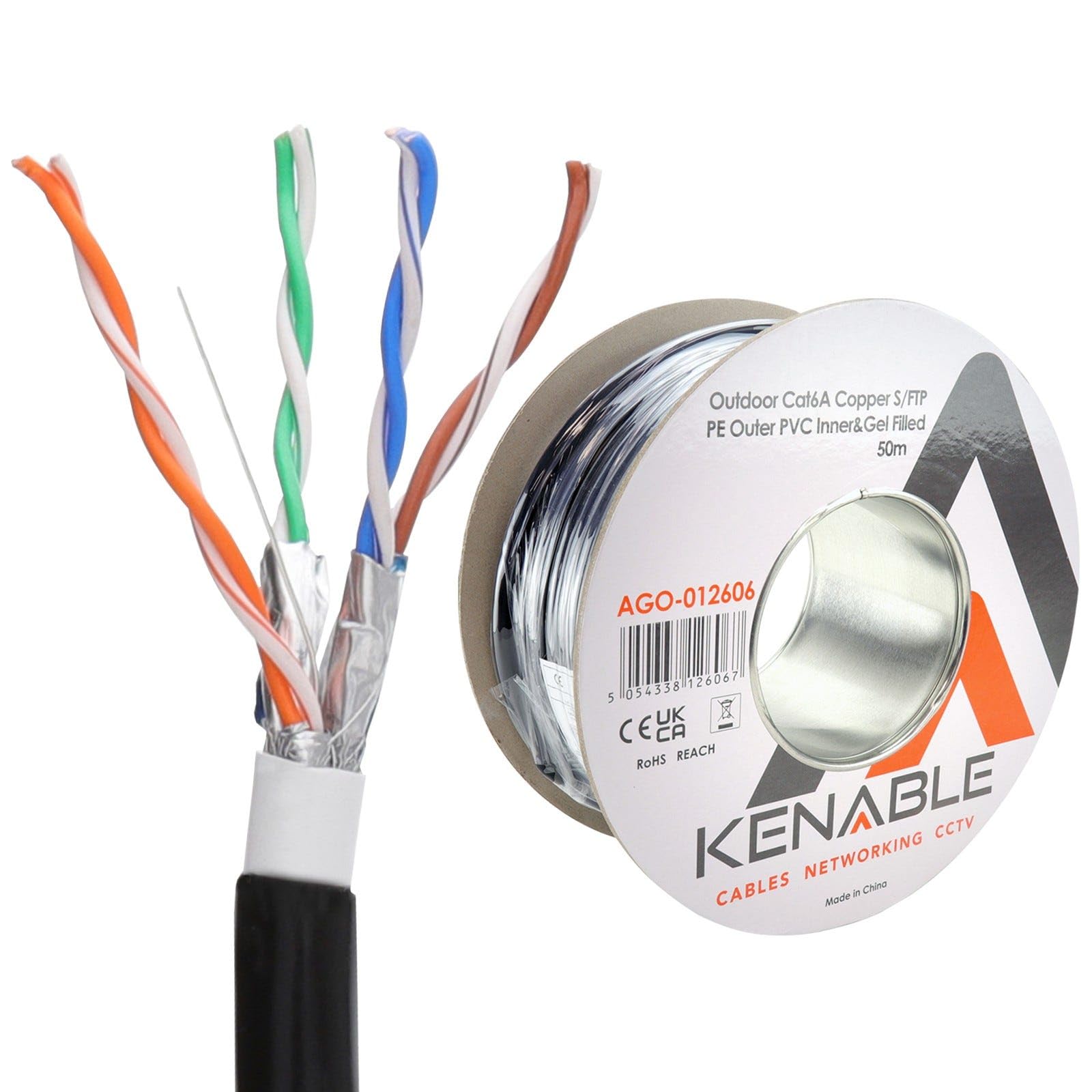 kenable Cable de Red Ethernet CAT6A Exterior Enterramiento Directo COBRE Relleno de Gel Bobina 50 m [50 metros/50m] Negro
