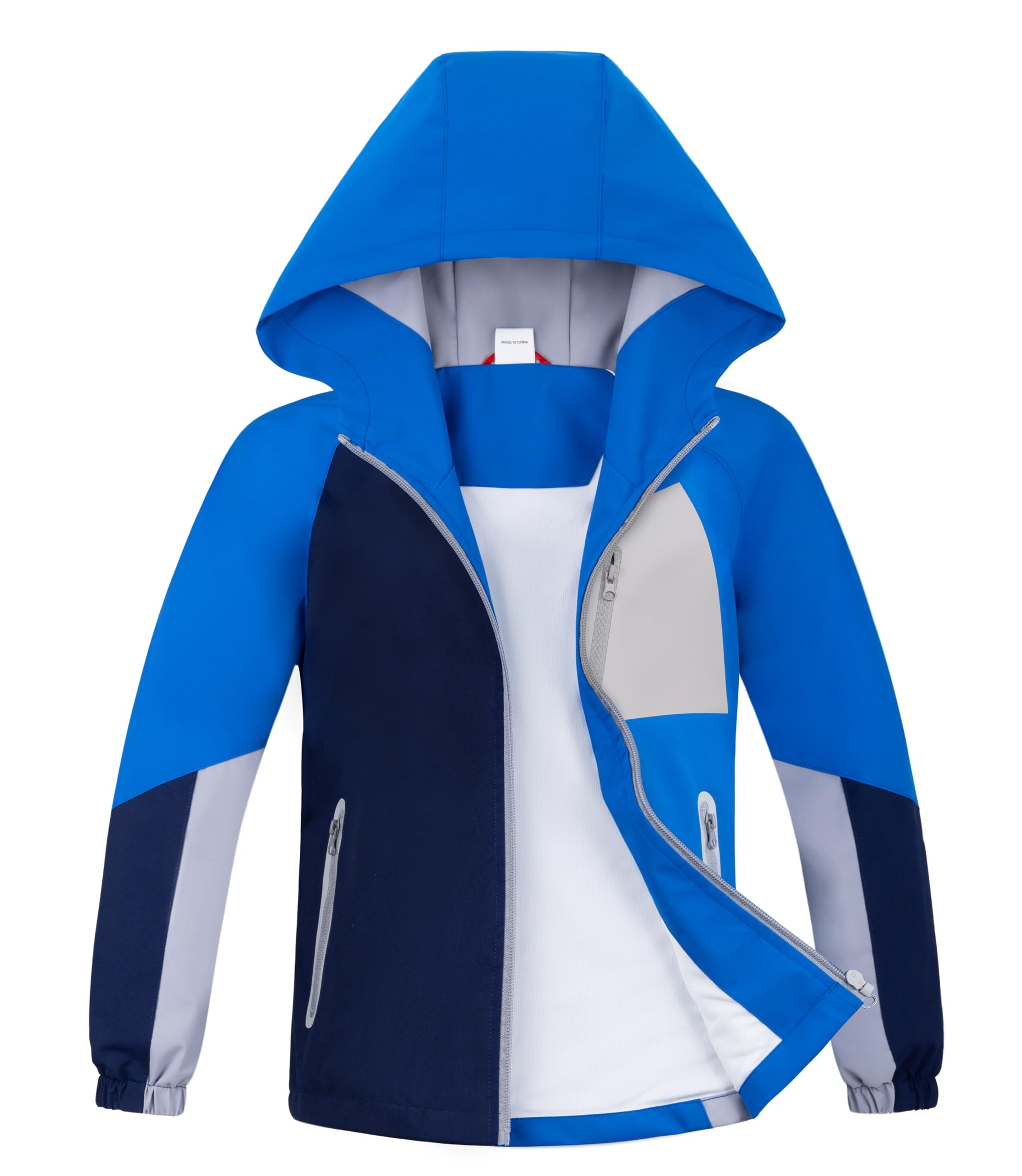 ALXHUTE Regenjacke Jungen Übergangsjacke Wasserdicht Kinder Softshelljacke Farbkontrast Jacke Mit Kapuze Blau DE: 128-134 (Herstellergröße 130)