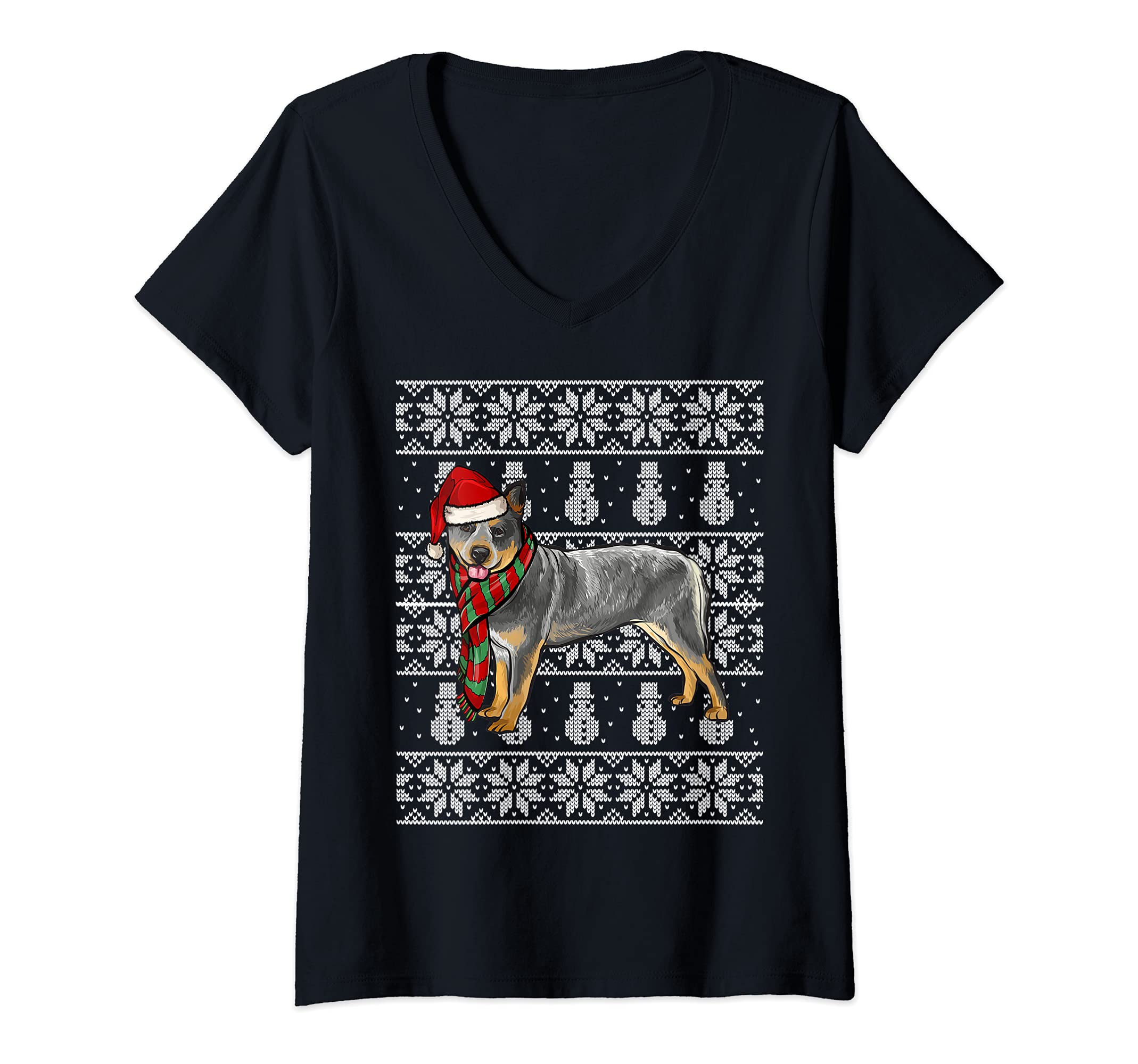 Womens Santa Hat Xmas Australian Cattle Dog Ugly Christmas V-Neck T-Shirt, Black