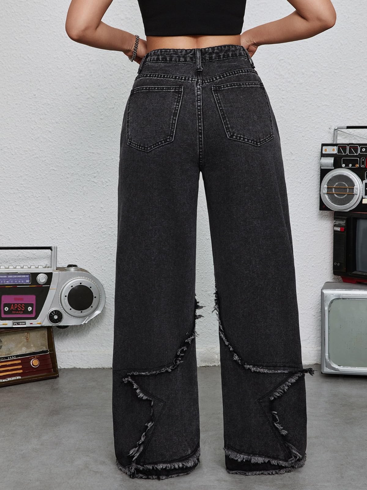 Jeans per Bambini Neri - Pantaloni in Denim a Gamba Larga per Ragazze alla Moda con Design a Stella a Vita Alta Comodi Pantaloni Casual per Ragazze Adolescenti e Ragazzi Pantaloni alla Moda da Strada