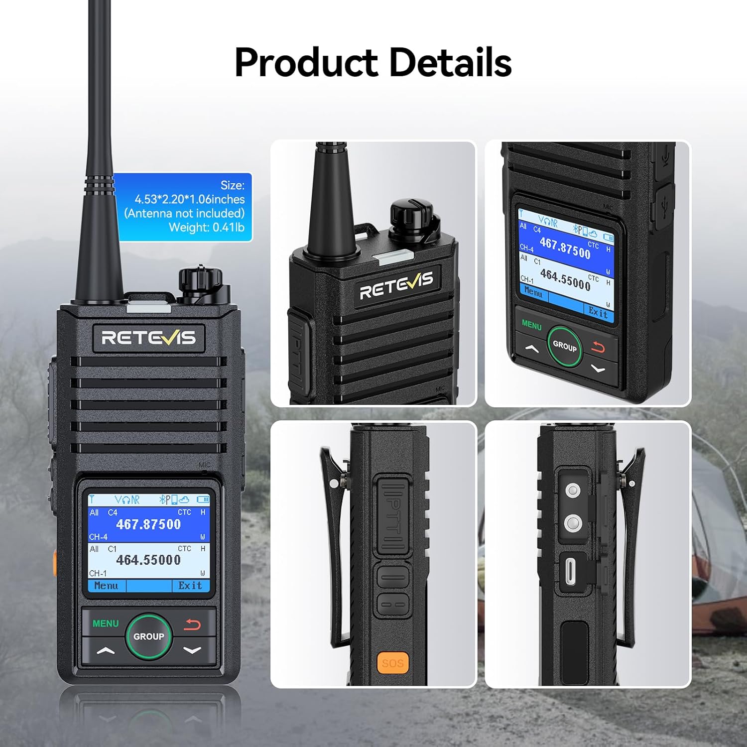 Retevis RB58 Bluetooth Walkie Talkies with Earpiece, Waterproof Two Way Radio with Noise Cancelling, Group Call, APP Control, 1800mAh, NOAA, VOX, Emergency Alarm, for Hunting, Camping, Hiking(2 Pack)