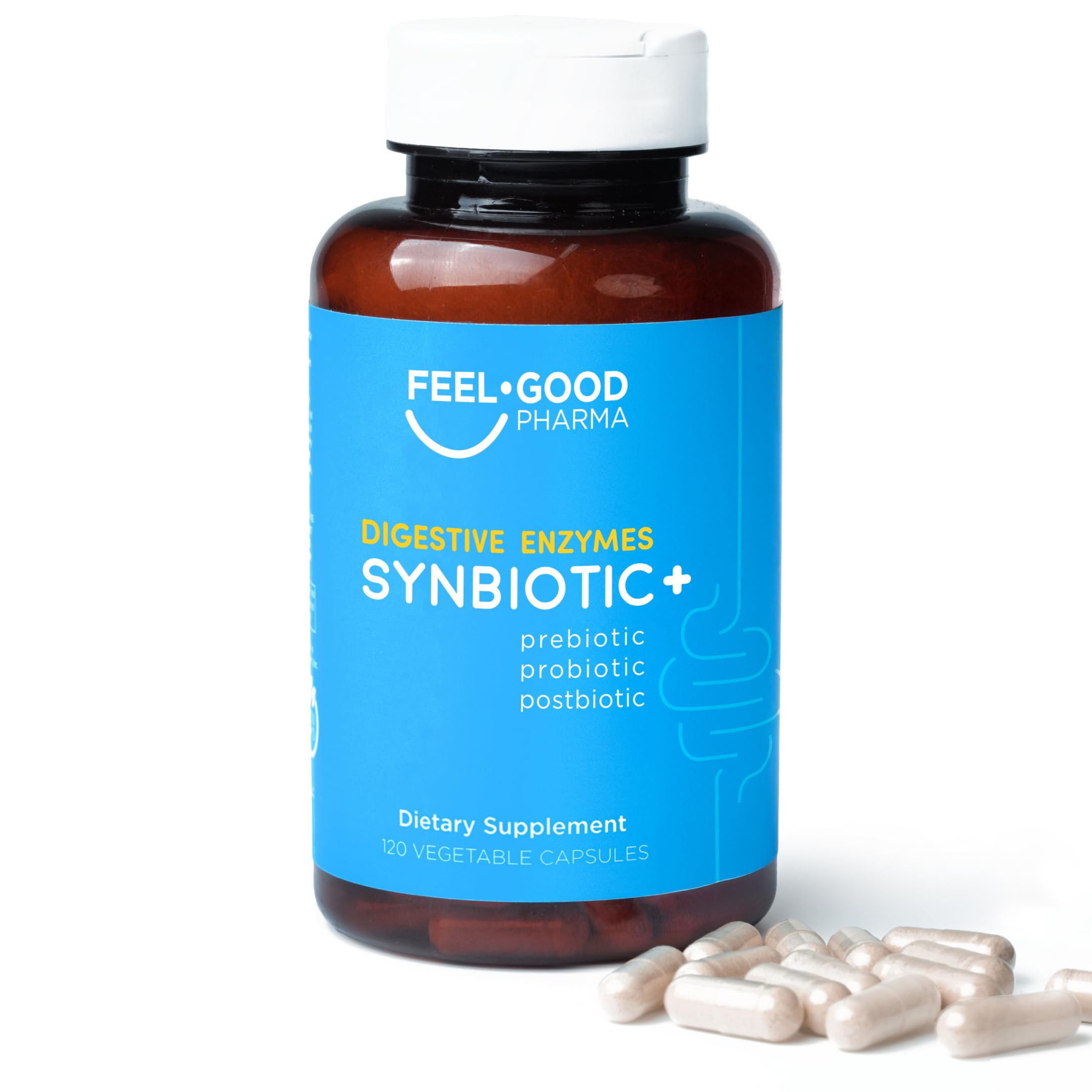 FEEL GOOD PHARMA Suplemento de enzimas digestivas com prebiótico, probiótico, pós-biótico e simbiótico, 120 cápsulas