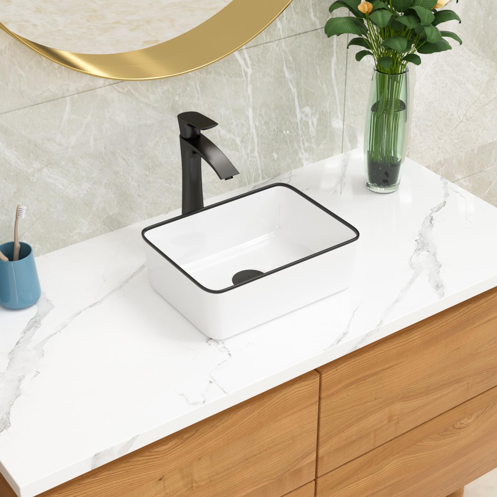 Lavabo rectangulaire 40,6 cm Lordear en porcelaine blanche et noire pour meuble vasque moderne