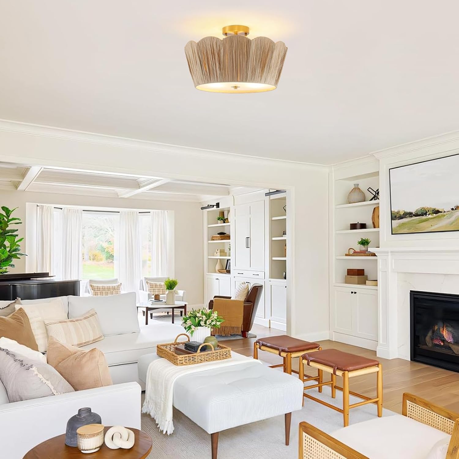 18” Boho Ceiling Light 3-Light Semi Flush Mount Ceiling Light Fixture with Woven Raffia Shade, Boho Light Fixture for Bedroom Kitchen Hallway Entryway