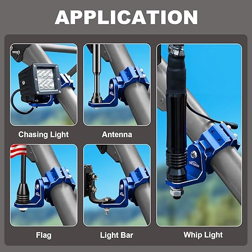 Miniatura 6 de 2 unidades de soporte de luz para látigo de bandera UTV para barra de rollo de 1.75 a 2 pulgadas, aluminio resistente con agujero giratorio de 360,