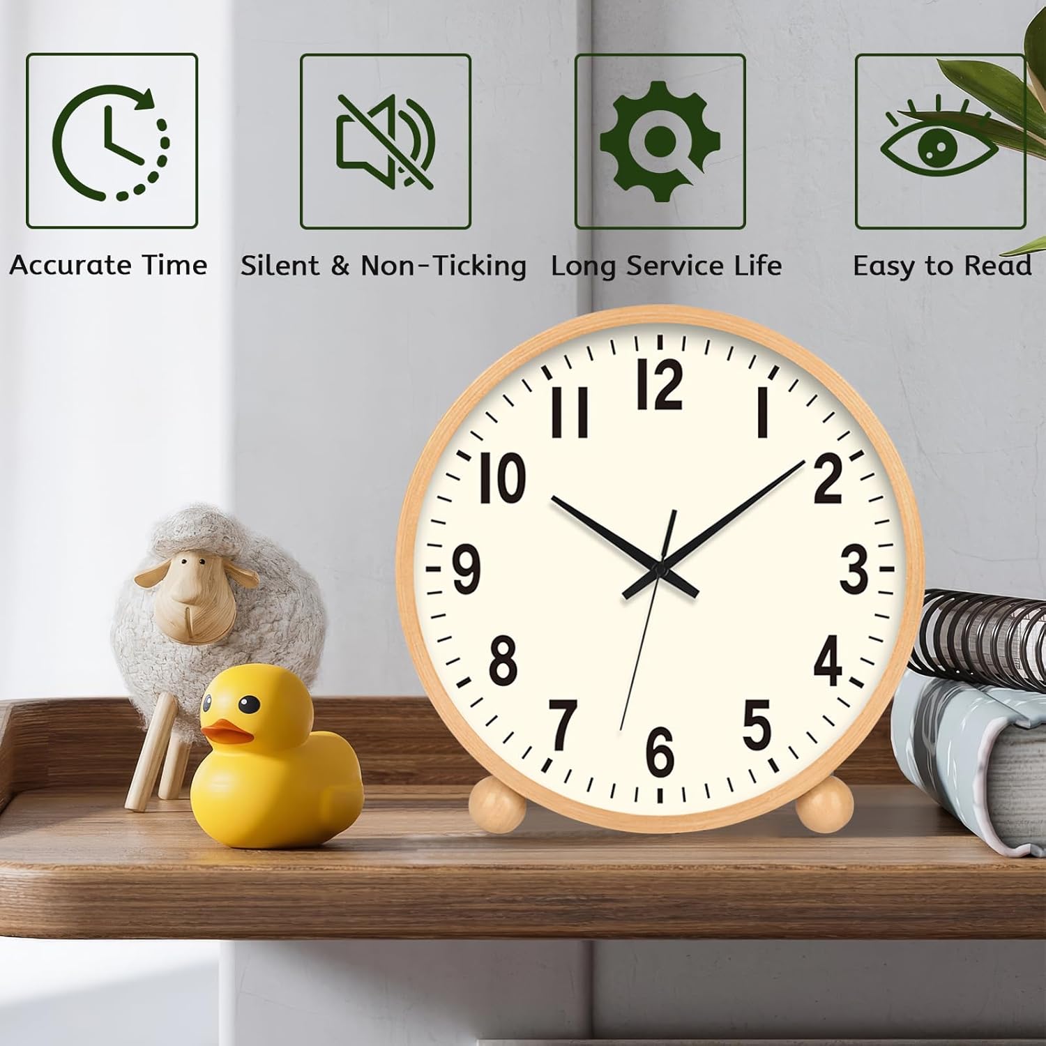 Maxspace Table Clock - Silent Non-Ticking 8in Wooden Desk Clock, Battery Operated Shelf Desk Top Clock for Bedroom Living Room Indoor Decor (Log)