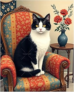 Animal Paint by Numbers Kit for Adults - DIY Black and White Cat on Vintage Chair Painting on Canvas 16x20In, Acrylic Paint Set, Suitable for Beginners, Art for Home Decoration or Gifts