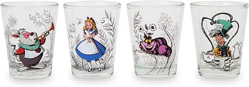Disney Alicia en el país de las maravillas - Vasos de chupito de whisky de 2 onzas, juego de 4  Artículos de bar para el hogar para licor y bebidas