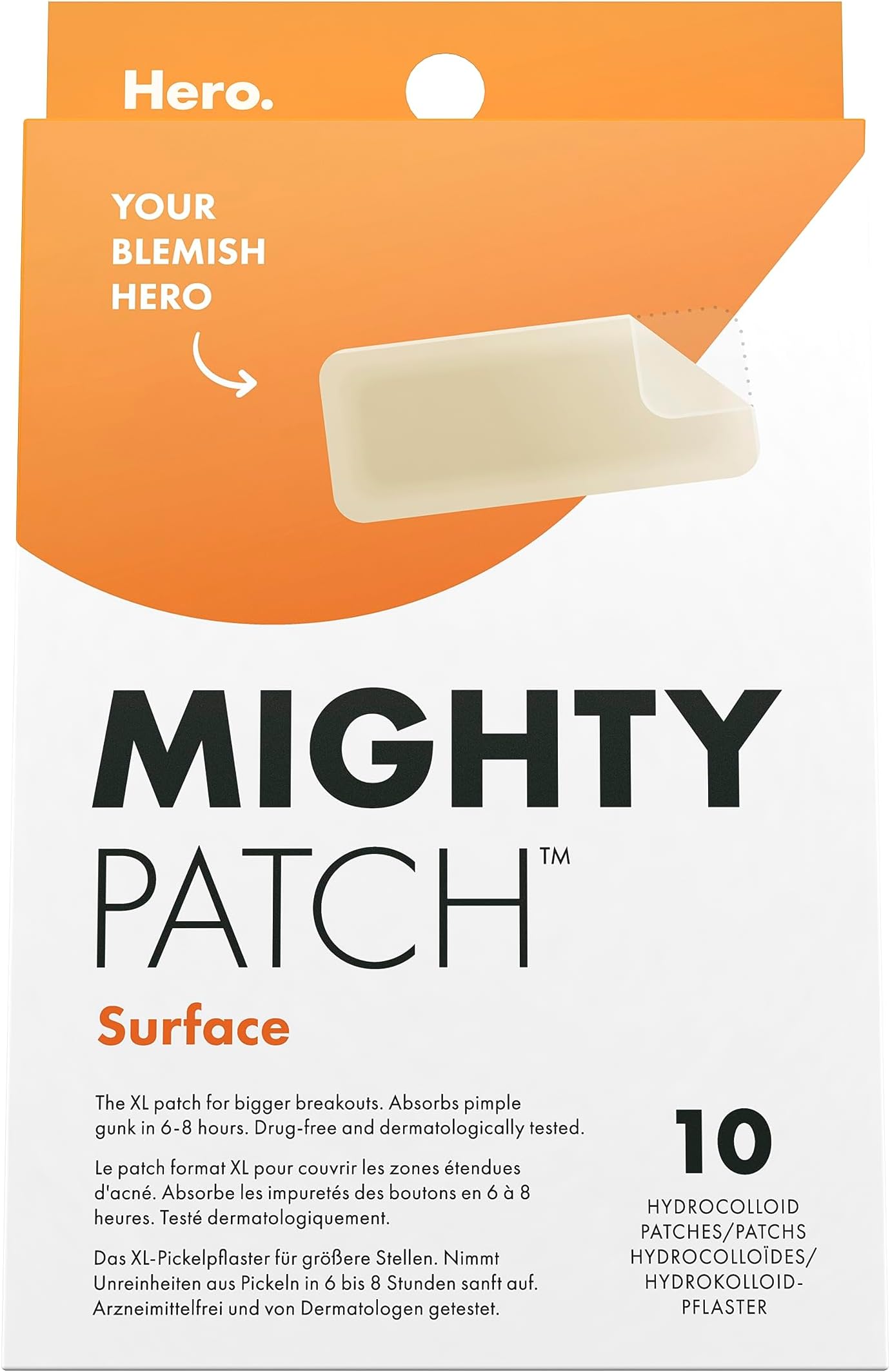 Mighty Patch Surface Spot Patches by Hero Cosmetics, XL Spot Remover Hydrocolloid Patches, Day & Night Acne Treatment & Anti Acne Dots, Face & Body Spot Treatment Stickers - 10 Large Pimple Patches