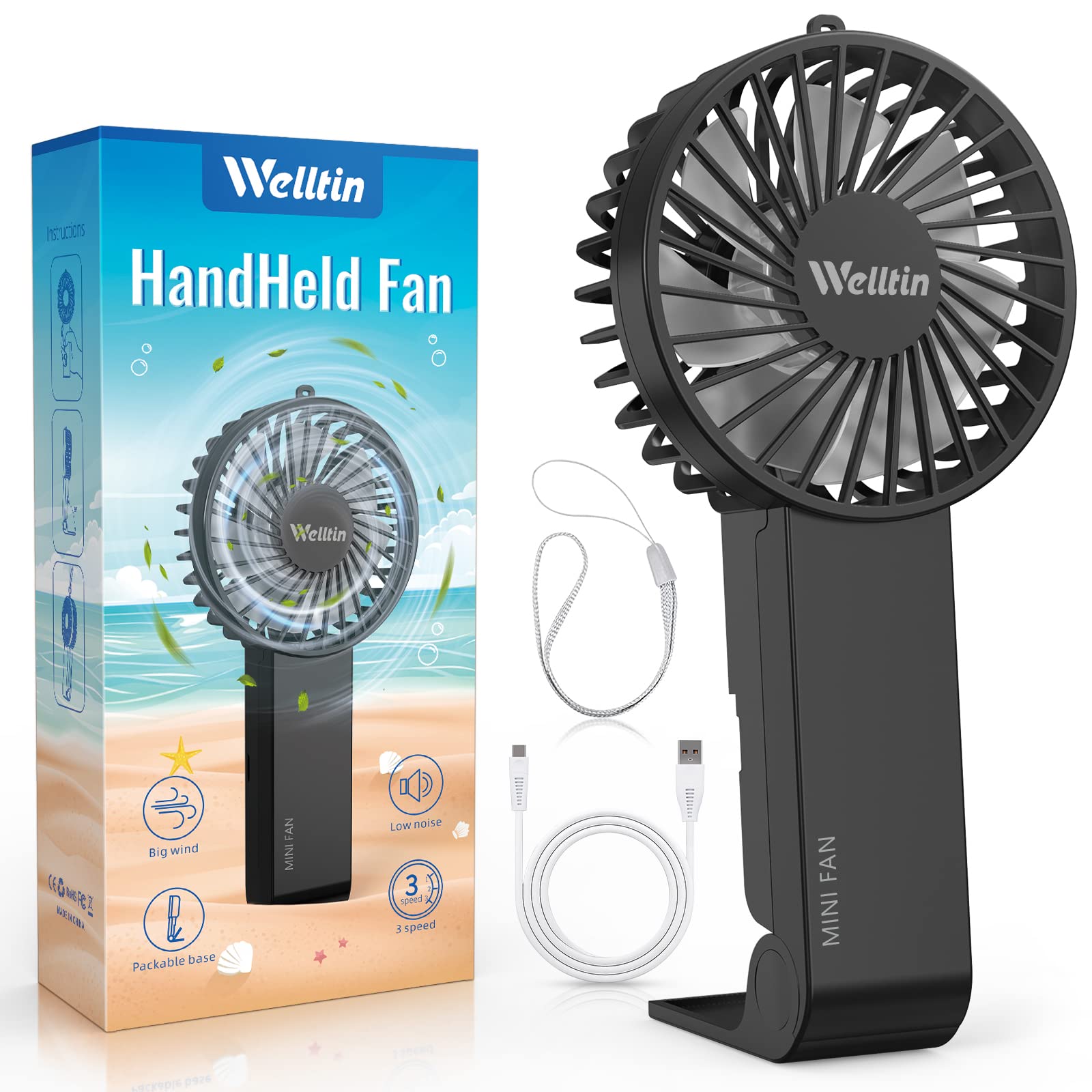 Welltin Handheld Fan, Portable Hand with 3 Speeds, Mini Held USB Rechargeable Battery, Small Powerful Foldable Desk Base for Home Office School Travel Activities, Black, F58