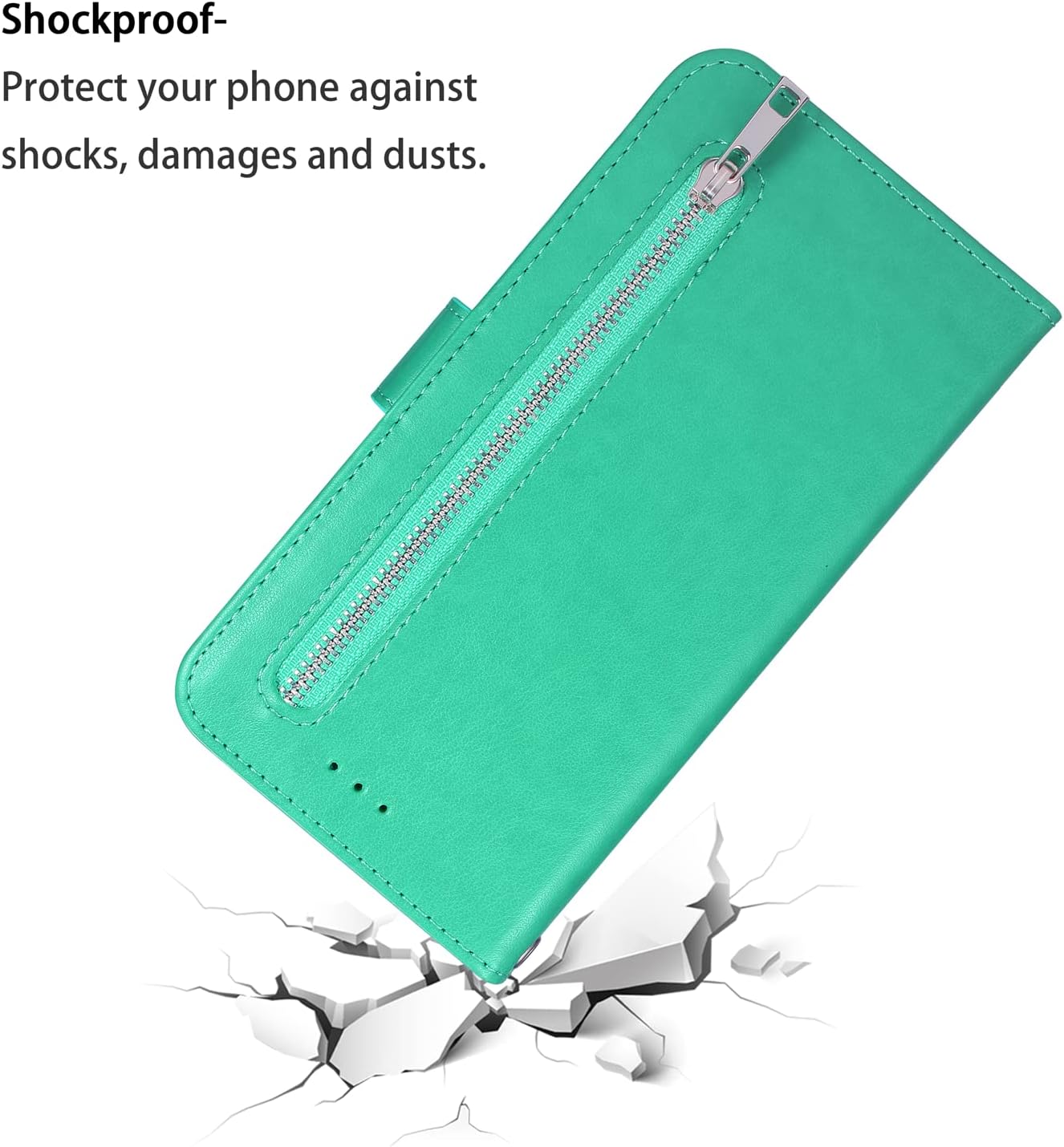 EYZUTAK Wallet Case for iPhone 8 Plus iPhone 7 Plus, 5 Card Slots Magnetic Closure Zipper Pocket Handbag PU Leather Flip Case Wrist Strap Kickstand Cover for iPhone 8 Plus iPhone 7 Plus - Mint Green