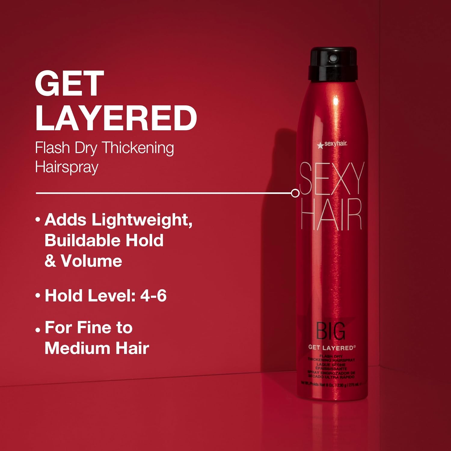 SexyHair Big Get Layered Flash Dry Thickening Hairspray, 8 Oz | Buildable Texture, Volume and Shine | Up to 72 Hours of Humidity Resistance - Image 3